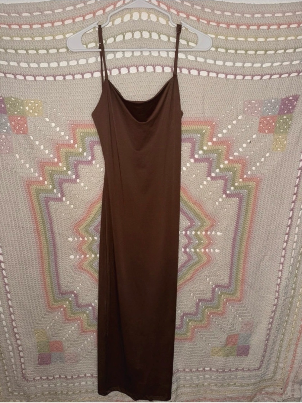 Elegant Brown Cowl Neck Slip Dress with Spaghetti Straps